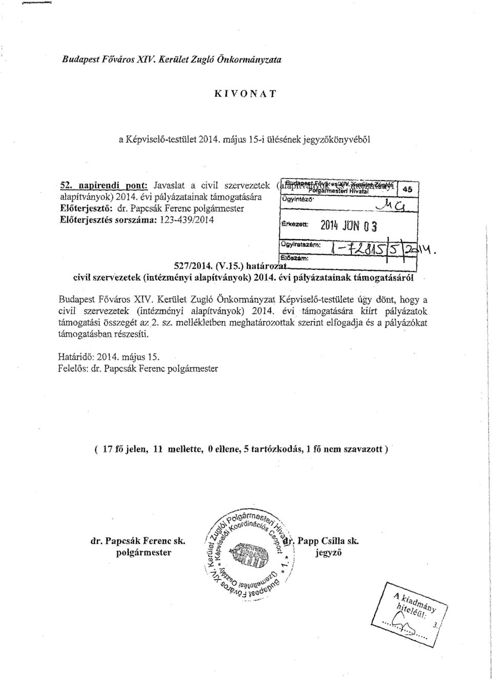 Papcsák Ferenc polgármester Ügyintéző-,M q Előterjesztés sorszáma: 123-439/2014 Érkezett: 2( ügyire Síőszém: l-^mllstsmm 527/2014. (V.15.) határozat civil szervezetek (intézményi alapítványok) 2014.