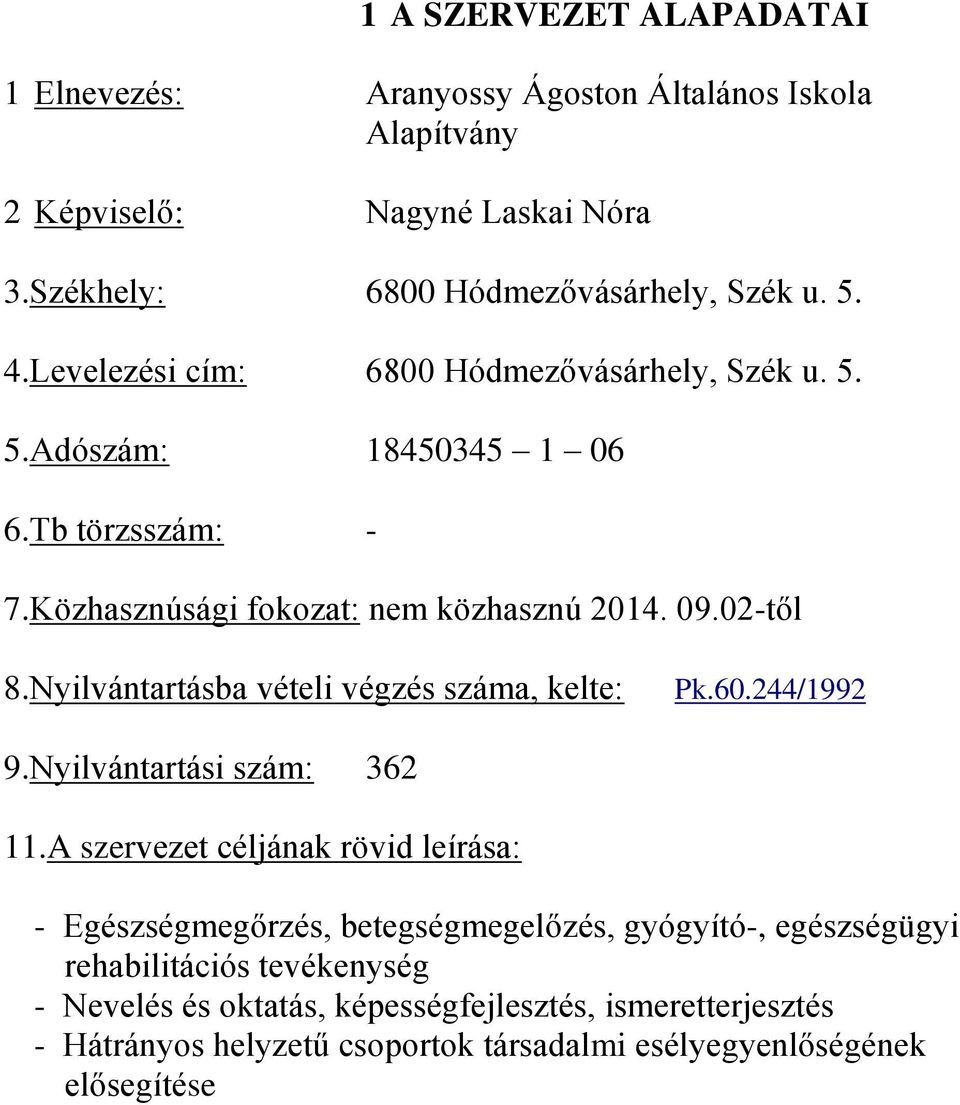 Nyilvántartásba vételi végzés száma, kelte: Pk.60.244/1992 9.Nyilvántartási szám: 362 11.