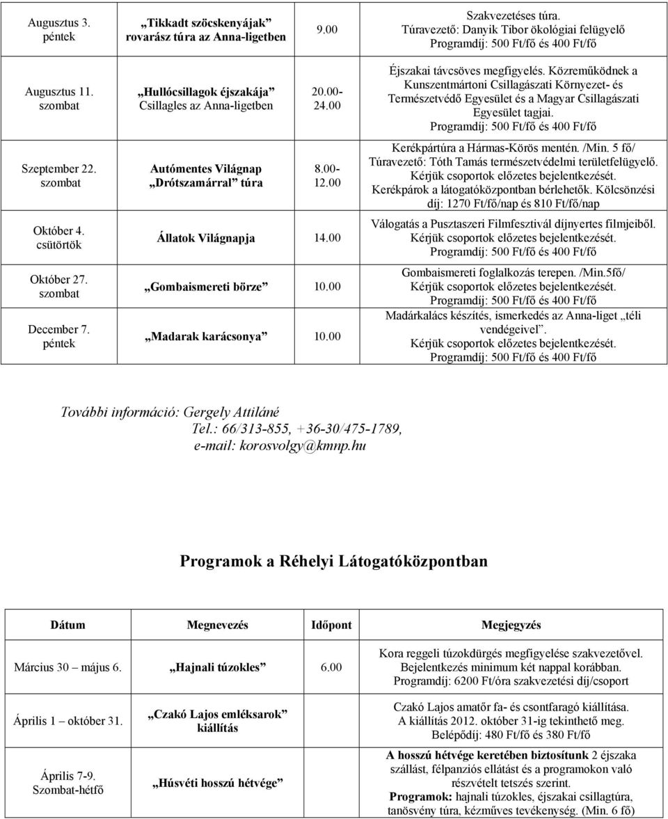 00 Gombaismereti börze Madarak karácsonya Éjszakai távcsöves megfigyelés.