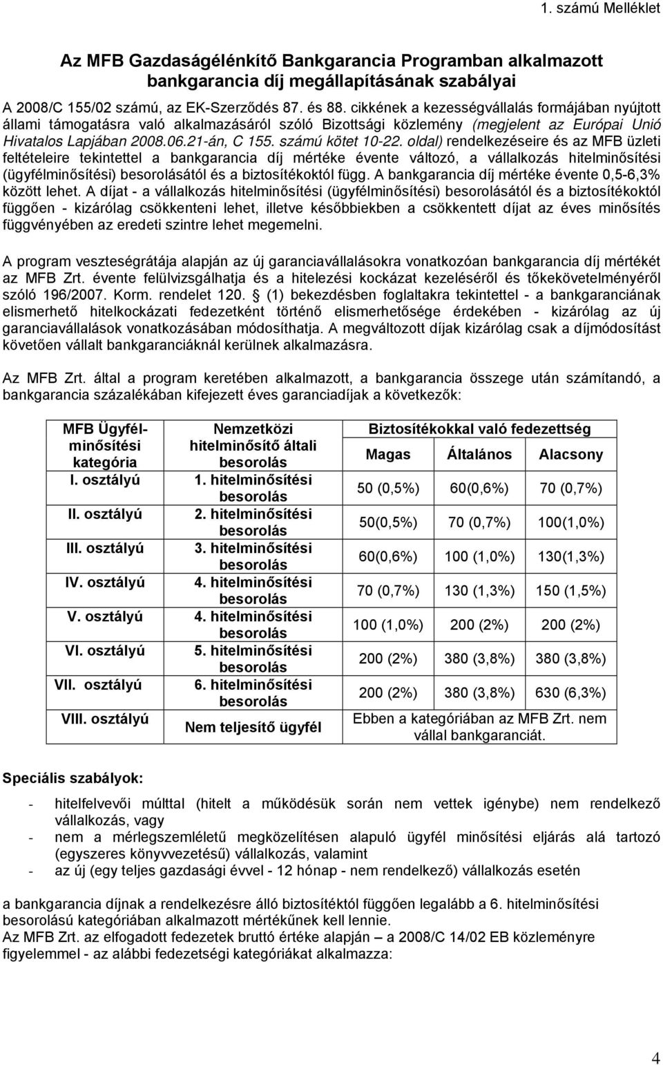 oldal) rendelkezéseire és az MFB üzleti feltételeire tekintettel a bankgarancia díj mértéke évente változó, a vállalkozás hitelminősítési (ügyfélminősítési) ától és a biztosítékoktól függ.