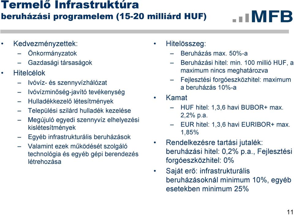 technológia és egyéb gépi berendezés létrehozása Hitelösszeg: Beruházás max. 50%-a Beruházási hitel: min.