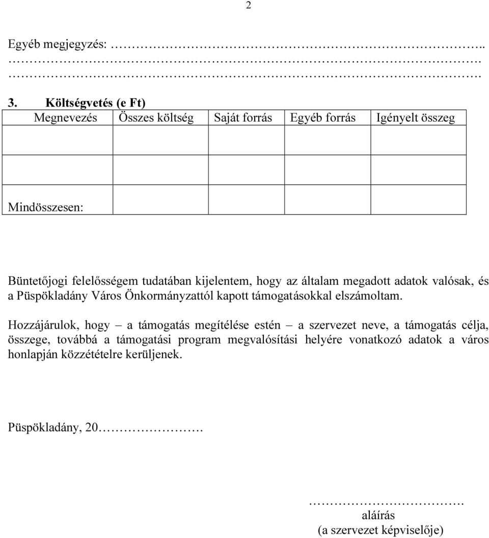 kijelentem, hogy az általam megadott adatok valósak, és a Püspökladány Város Önkormányzattól kapott támogatásokkal elszámoltam.