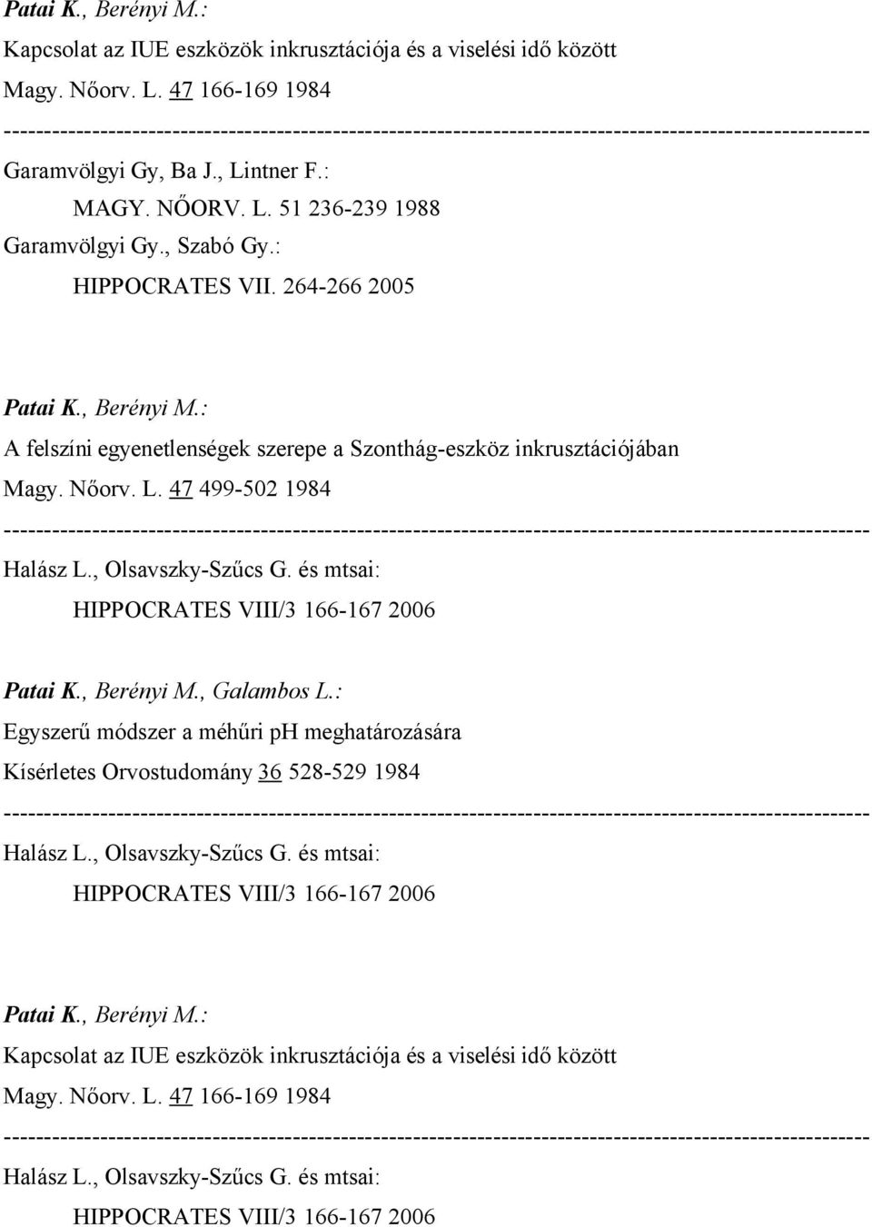 : A felszíni egyenetlenségek szerepe a Szonthág-eszköz inkrusztációjában Magy. Nőorv. L. 47 499-502 1984 Patai K., Berényi M., Galambos L.