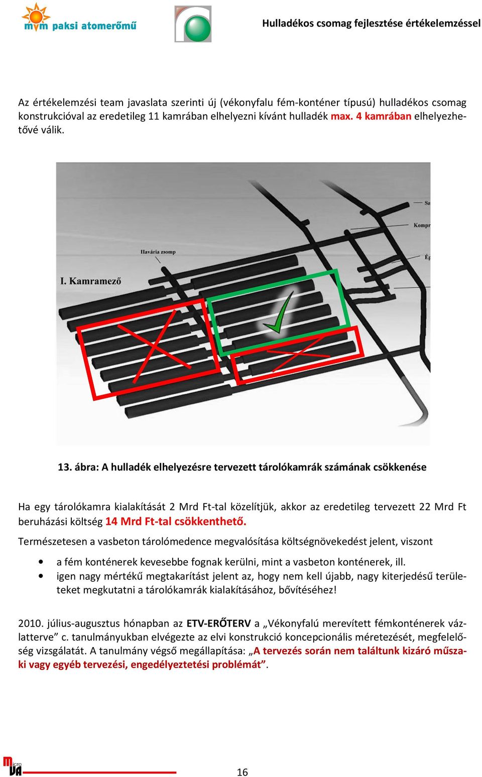 ábra: A hulladék elhelyezésre Ha egy tárolókamra kialakítását 2 Mrd Ft-tal Ft közelítjük, akkor az eredetileg tervezett 22 Mrd Ft beruházási költség 14 Mrd Ft-tal tal csökkenthető.