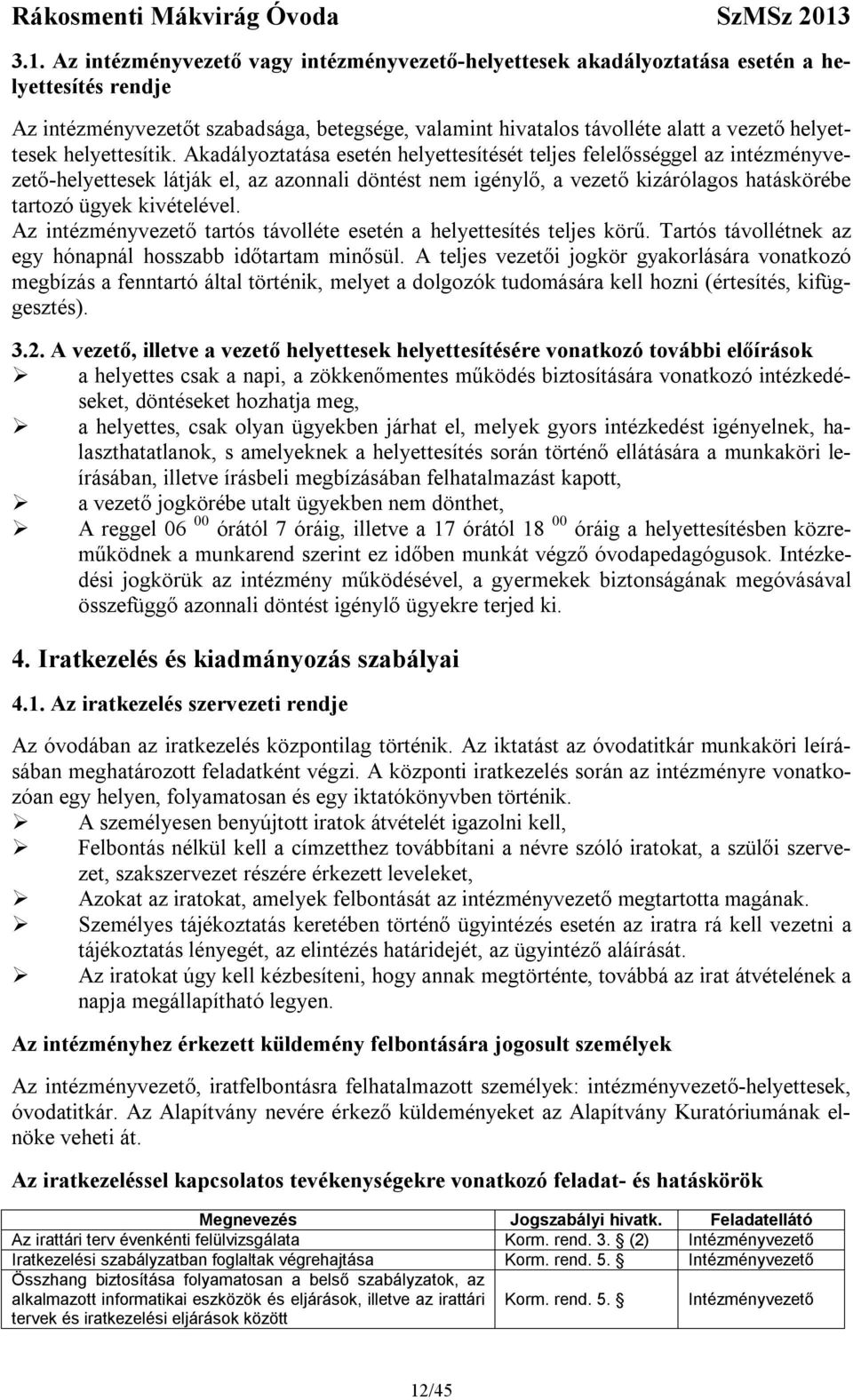 Akadályoztatása esetén helyettesítését teljes felelősséggel az intézményvezető-helyettesek látják el, az azonnali döntést nem igénylő, a vezető kizárólagos hatáskörébe tartozó ügyek kivételével.