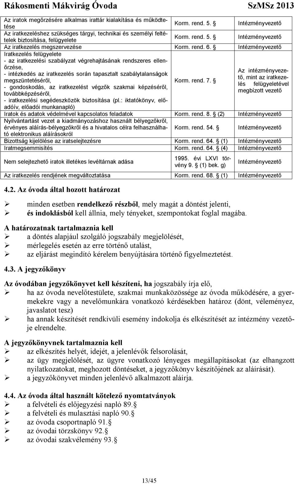 Intézményvezető Iratkezelés felügyelete - az iratkezelési szabályzat végrehajtásának rendszeres ellenőrzése, Az intézményvezető, mint az iratkeze- - intézkedés az iratkezelés során tapasztalt