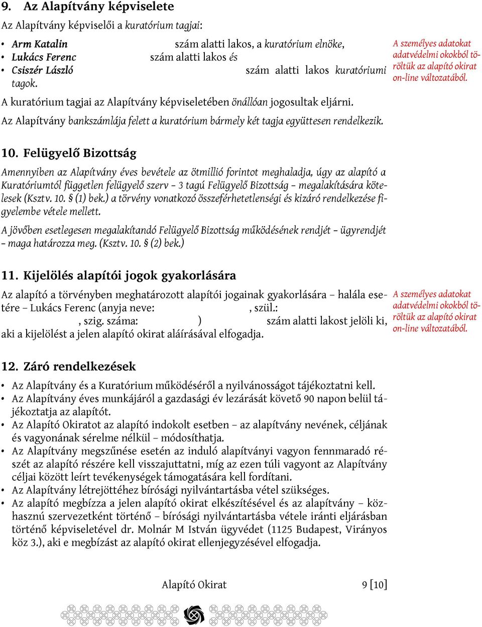 A személyes adatokat adatvédelmi okokból töröltük az alapító okirat on-line változatából. 10.