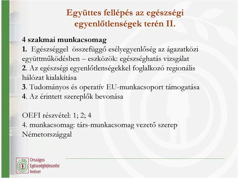 Az egészségi egyenlıtlenségekkel foglalkozó regionális hálózat kialakítása 3.