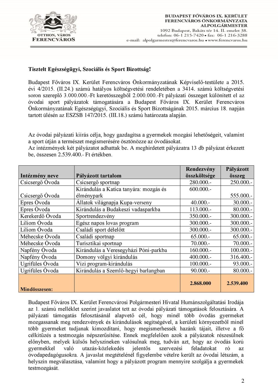 Kerület Ferencváros Önkormányzatának Egészségügyi, Szociális és Sport Bizottságának 2015. március 18. napján tartott ülésén az ESZSB 147/2015. (III.18.) számú határozata alapján.