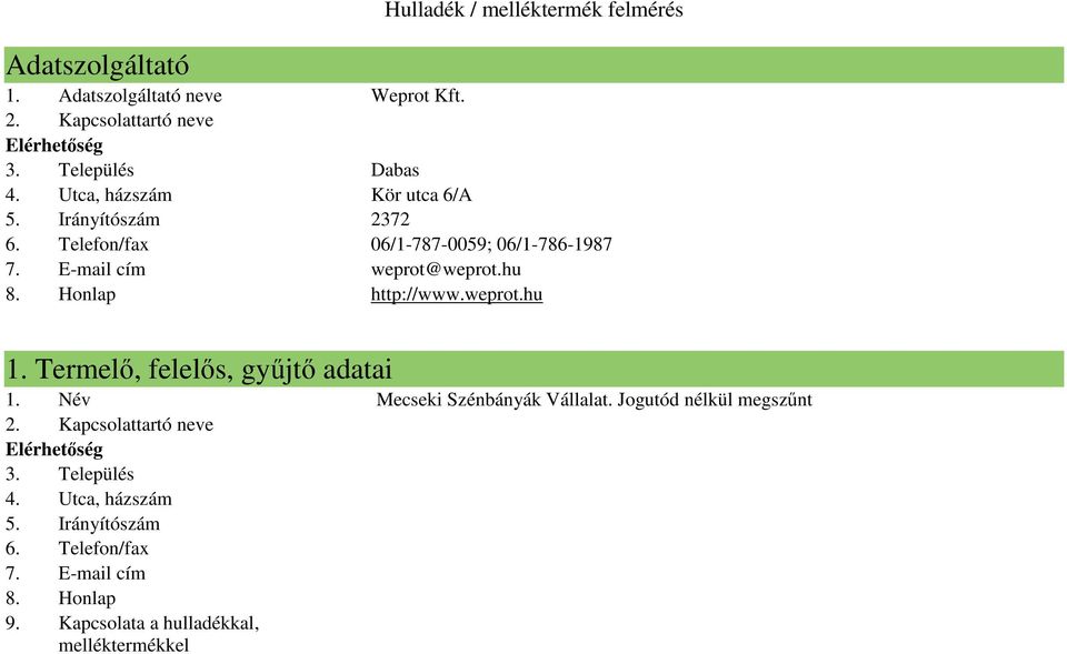 hu 8. Honlap http://www.weprot.hu 1. Termelı, felelıs, győjtı adatai 1. Név Mecseki Szénbányák Vállalat. Jogutód nélkül megszőnt 2.