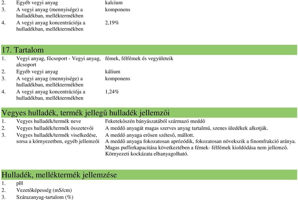 Vegyes hulladék/termék viselkedése, sorsa a környezetben, egyéb jellemzıi A meddı anyaga erısen szétesı, mállott.