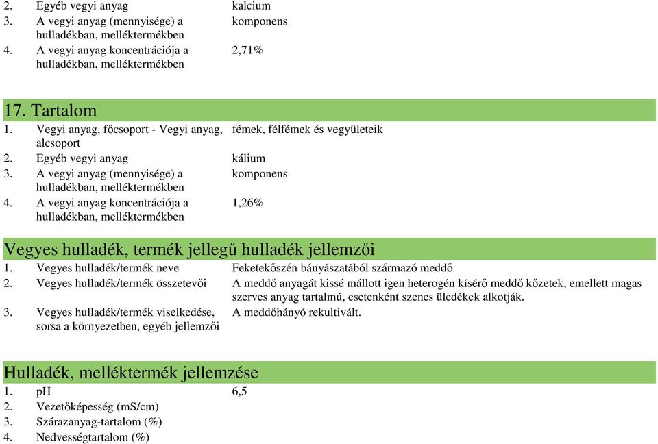 Vegyes hulladék/termék összetevıi A meddı anyagát kissé mállott igen heterogén kísérı meddı kızetek, emellett magas 3.