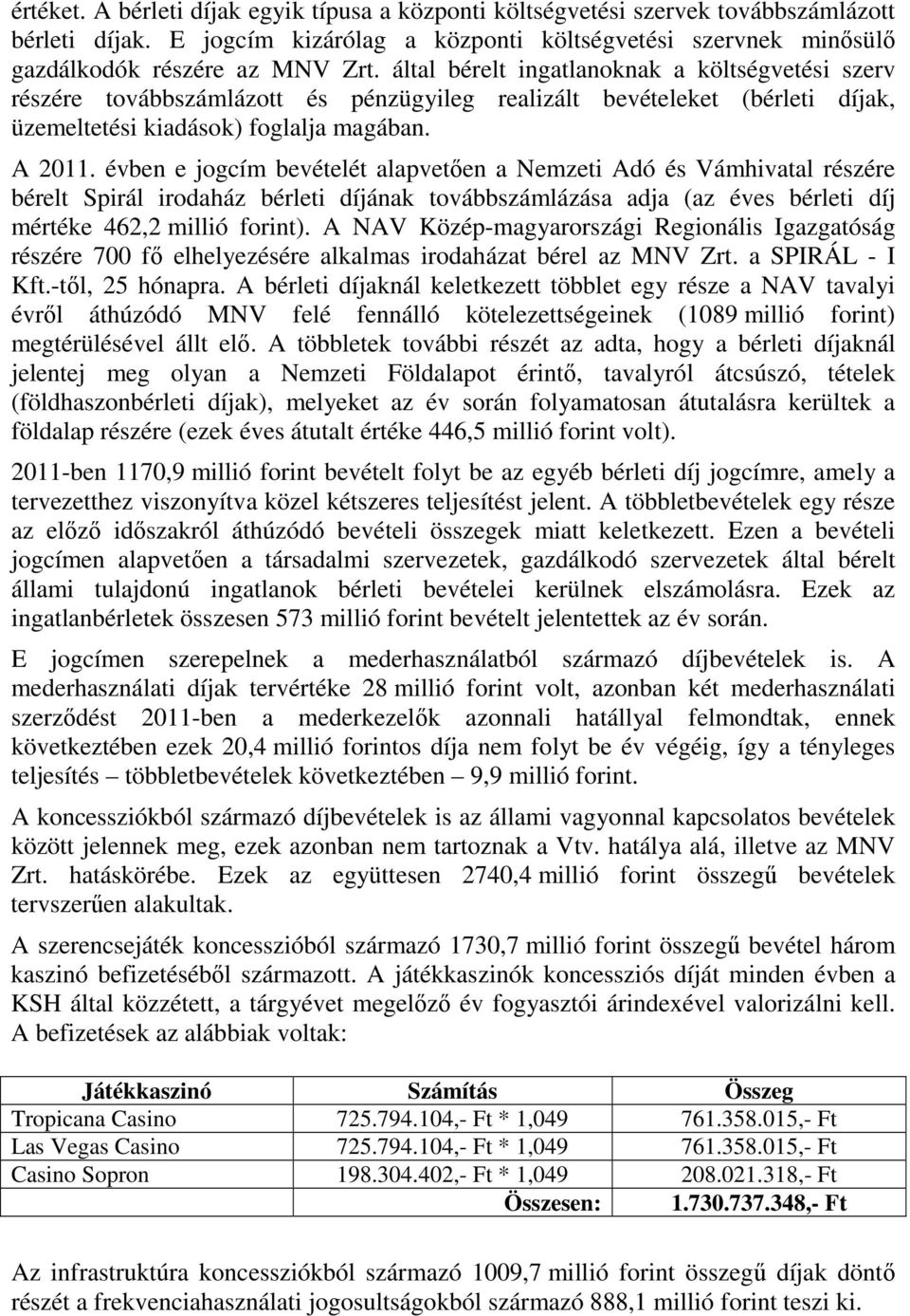 évben e jogcím bevételét alapvetően a Nemzeti Adó és Vámhivatal részére bérelt Spirál irodaház bérleti díjának továbbszámlázása adja (az éves bérleti díj mértéke 462,2 millió forint).