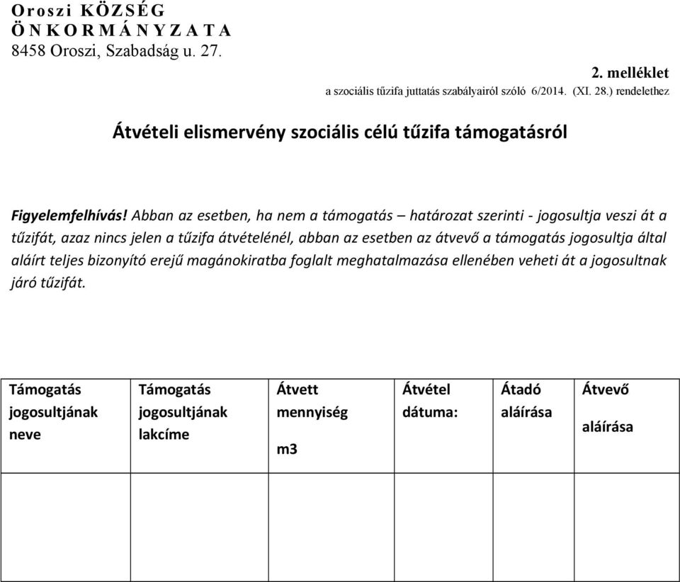 Abban az esetben, ha nem a támogatás határozat szerinti - jogosultja veszi át a tűzifát, azaz nincs jelen a tűzifa átvételénél, abban az esetben az átvevő a