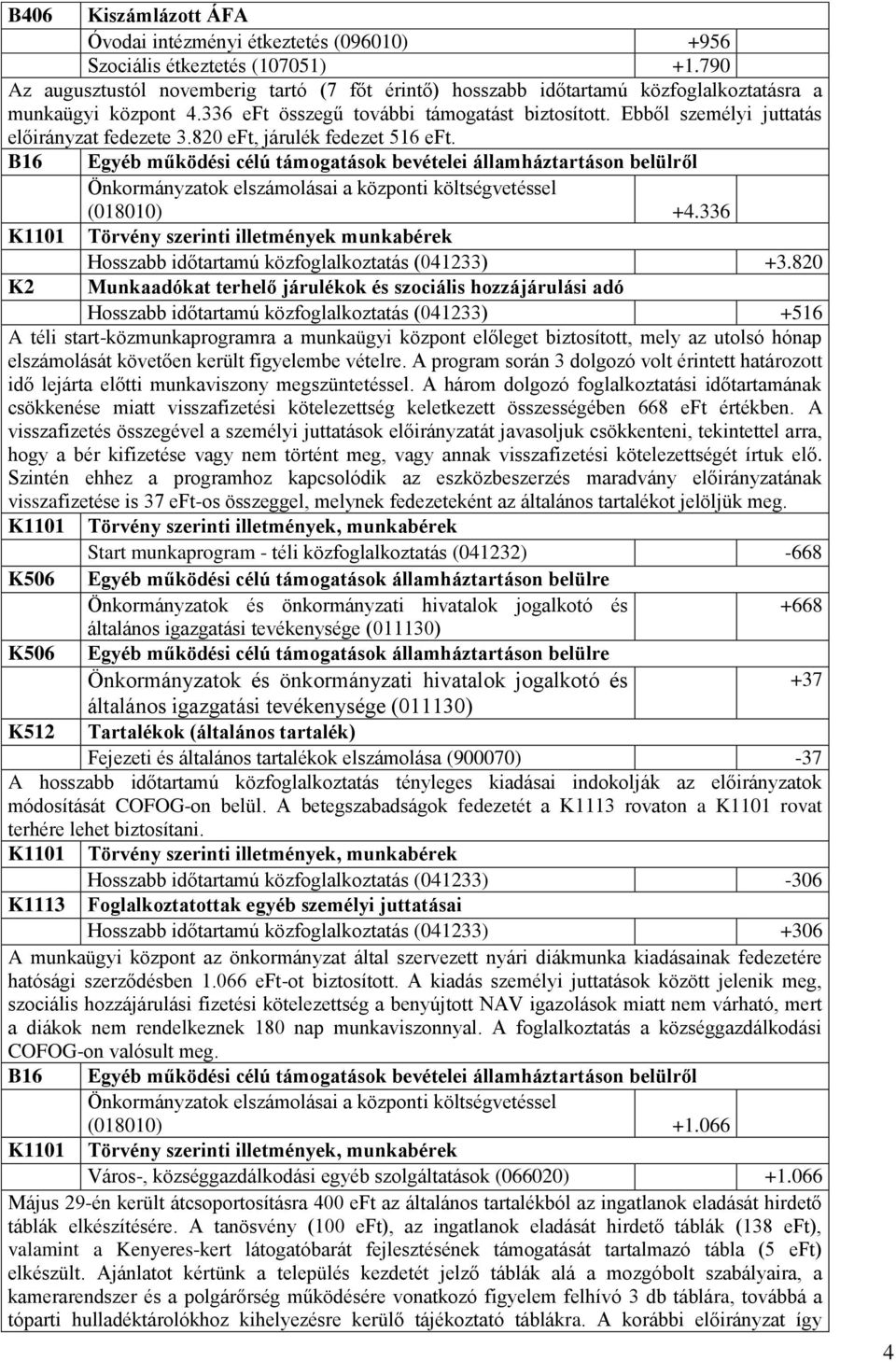 Ebből személyi juttatás előirányzat fedezete 3.820 eft, járulék fedezet 516 eft. B16 Egyéb működési célú támogatások bevételei államháztartáson belülről (018010) +4.