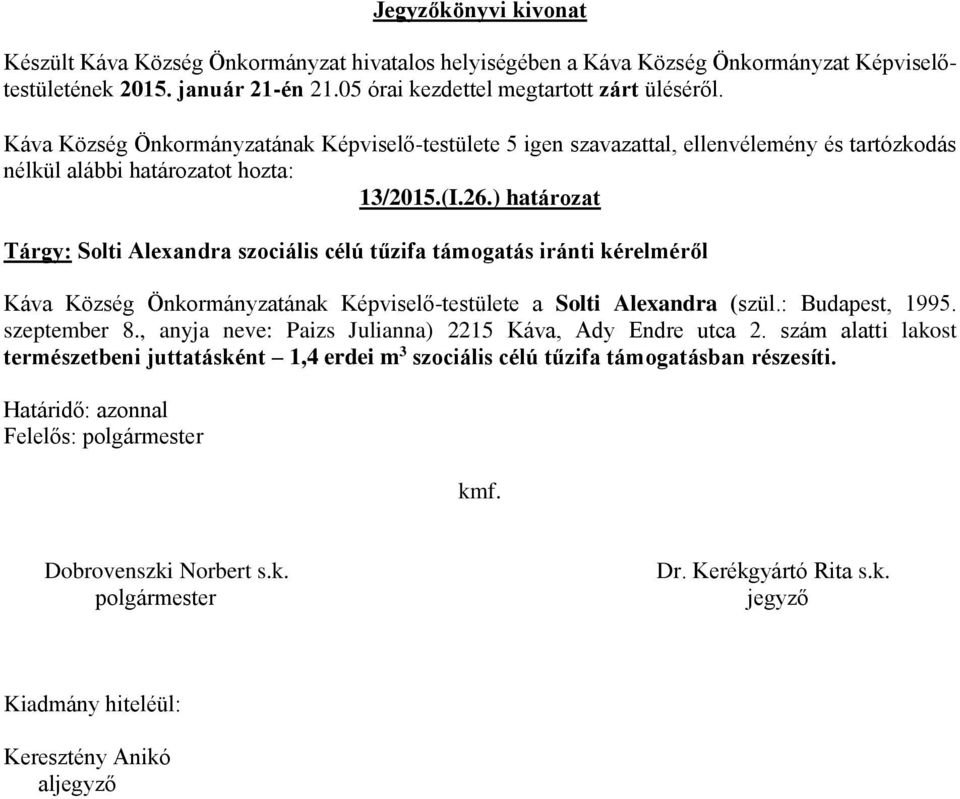 Község Önkormányzatának Képviselő-testülete a Solti Alexandra (szül.: Budapest, 1995.