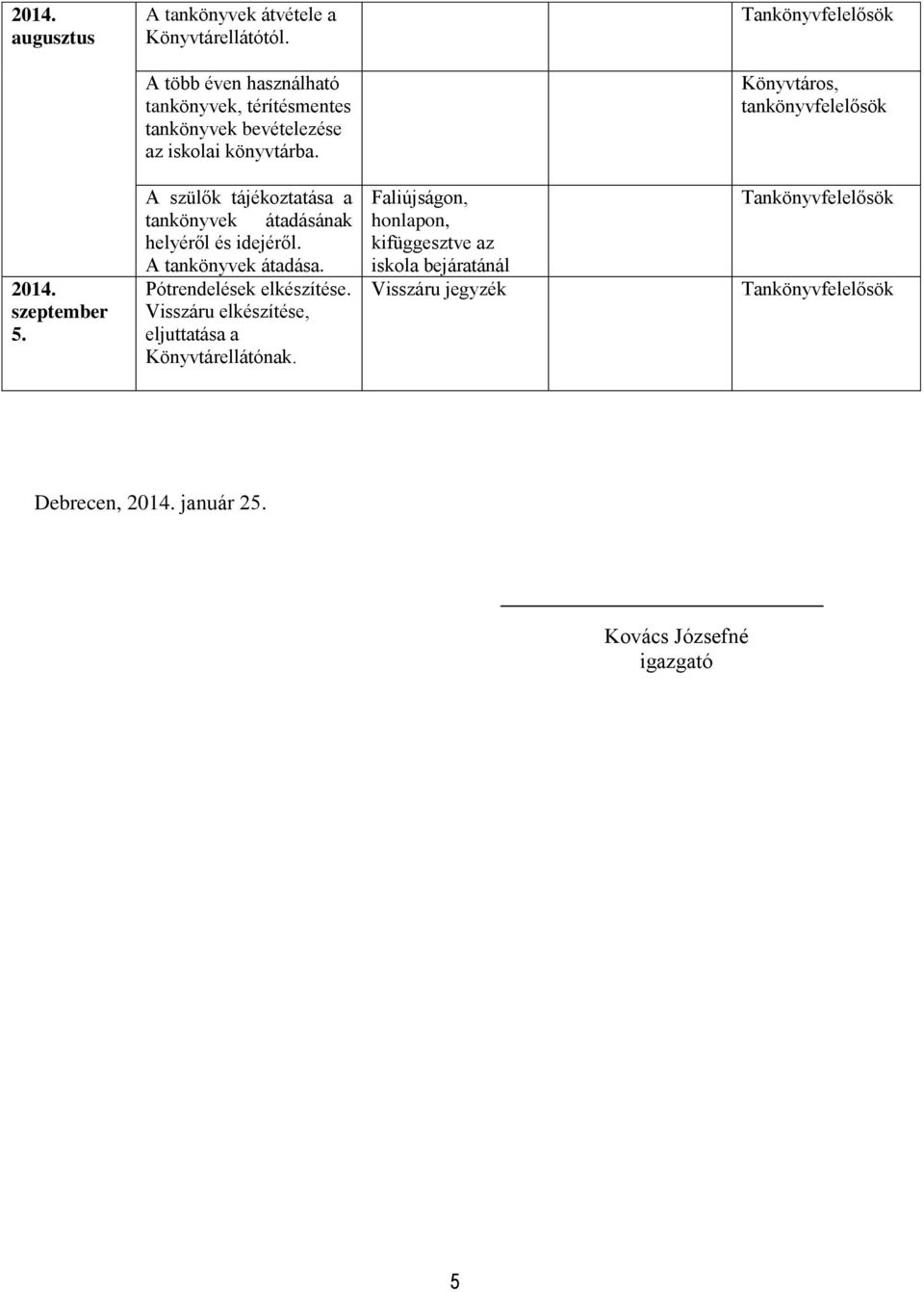 Könyvtáros, szeptember 5. A szülők tájékoztatása a tankönyvek átadásának helyéről és idejéről. A tankönyvek átadása.