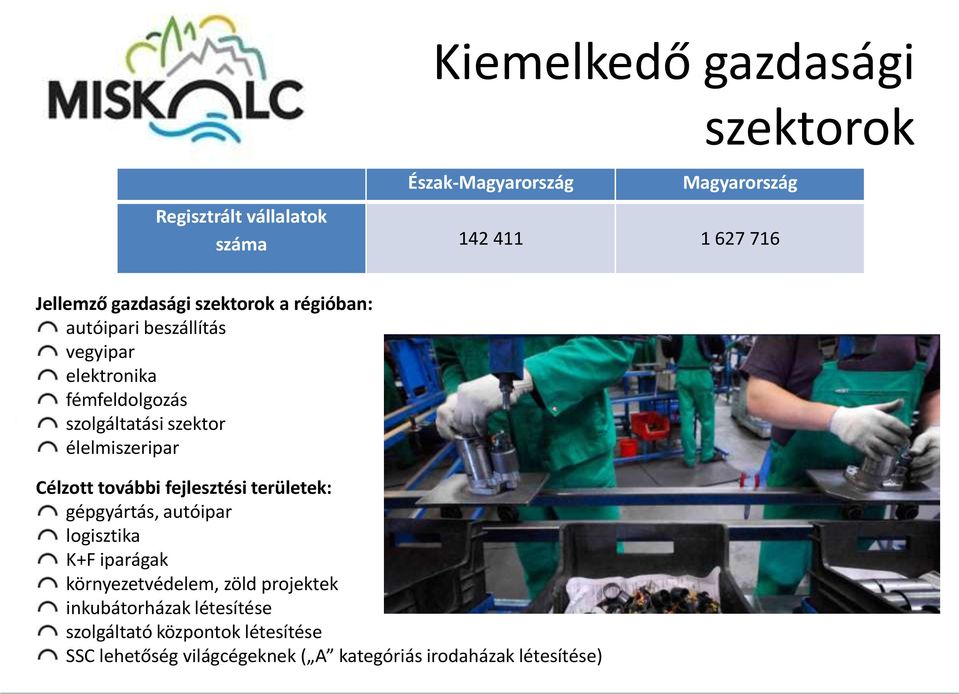 élelmiszeripar Célzott további fejlesztési területek: gépgyártás, autóipar logisztika K+F iparágak környezetvédelem, zöld