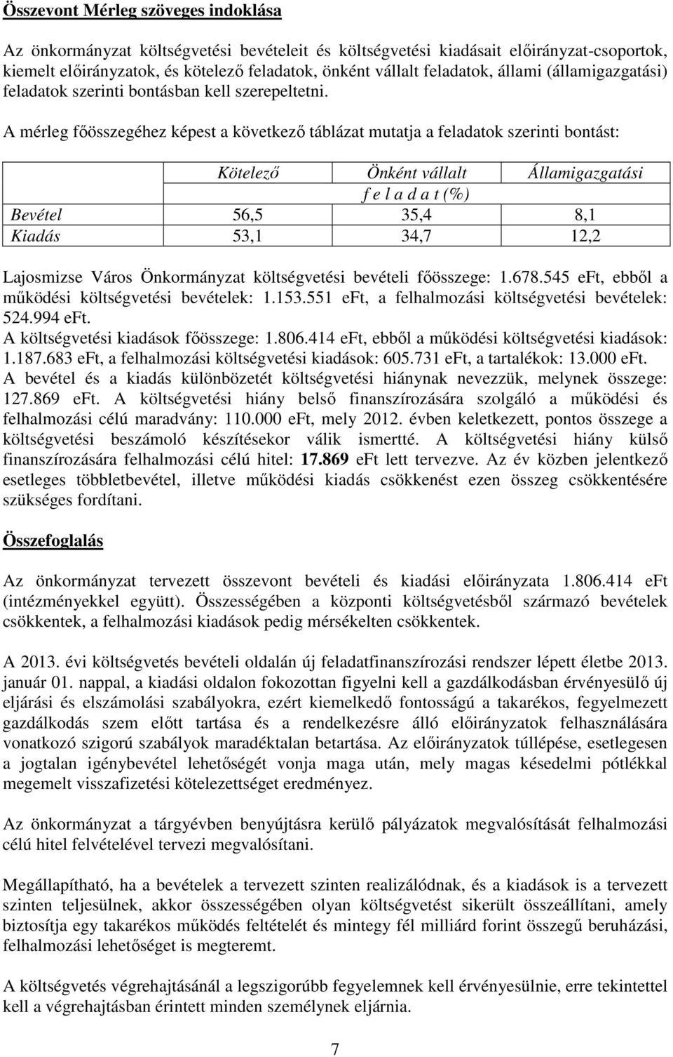 A mérleg fıösszegéhez képest a következı táblázat mutatja a feladatok szerinti bontást: Kötelezı Önként vállalt Államigazgatási f e l a d a t (%) Bevétel 56,5 35,4 8,1 Kiadás 53,1 34,7 12,2