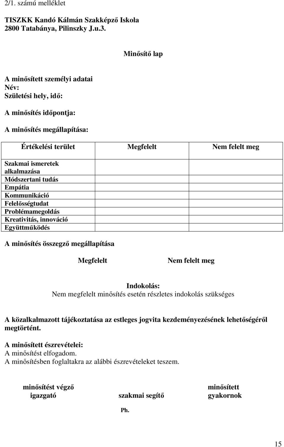 Módszertani tudás Empátia Kommunikáció Felelősségtudat Problémamegoldás Kreativitás, innováció Együttműködés A minősítés összegző megállapítása Megfelelt Nem felelt meg Indokolás: Nem megfelelt