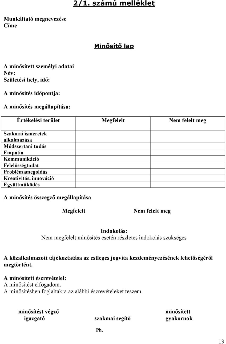 megállapítása Megfelelt em felelt meg Indokolás: Nem megfelelt minősítés esetén részletes indokolás szükséges A közalkalmazott tájékoztatása az estleges jogvita kezdeményezésének