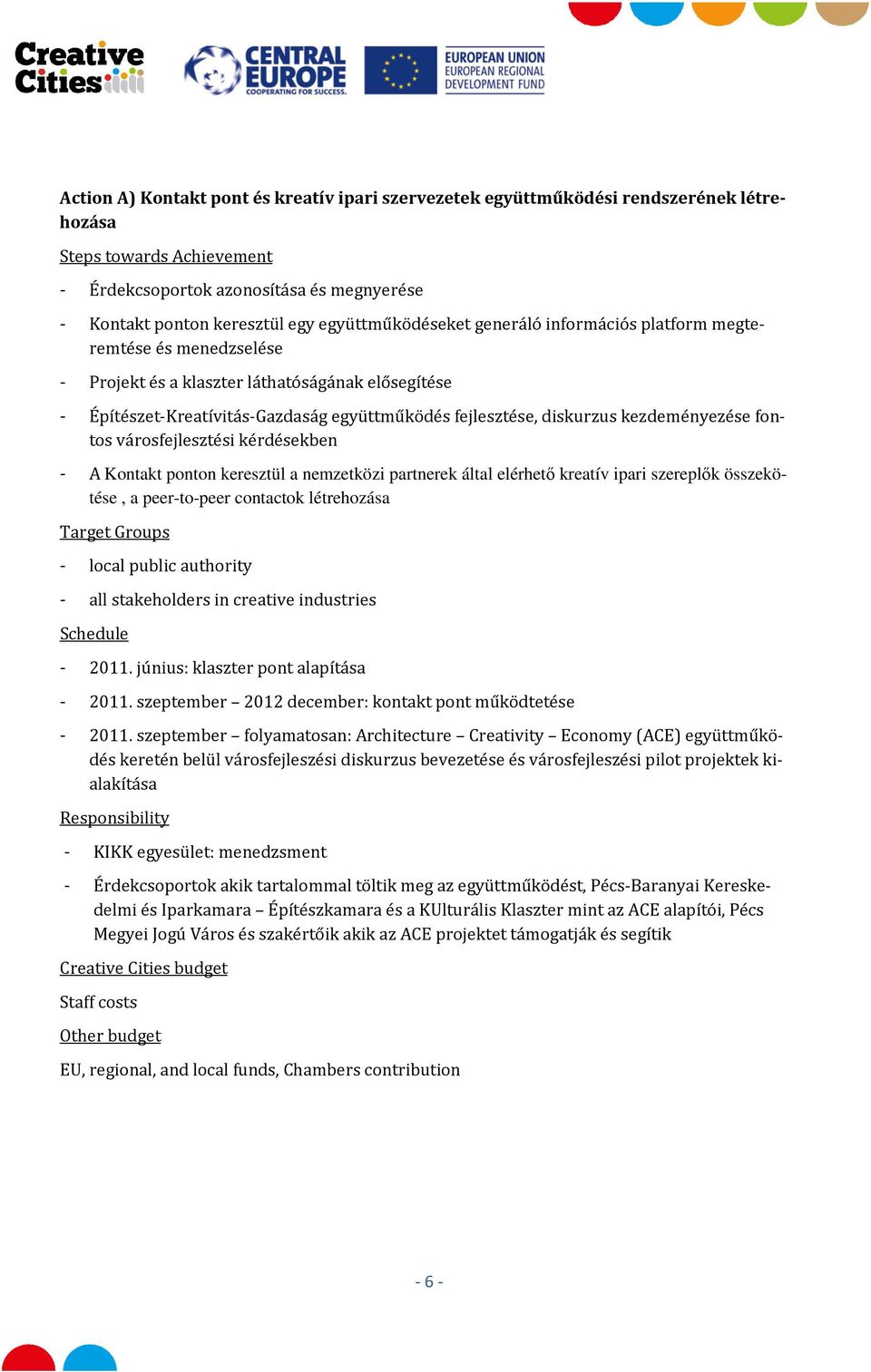 kezdeményezése fontos városfejlesztési kérdésekben - A Kontakt ponton keresztül a nemzetközi partnerek által elérhető kreatív ipari szereplők összekötése, a peer-to-peer contactok létrehozása Target