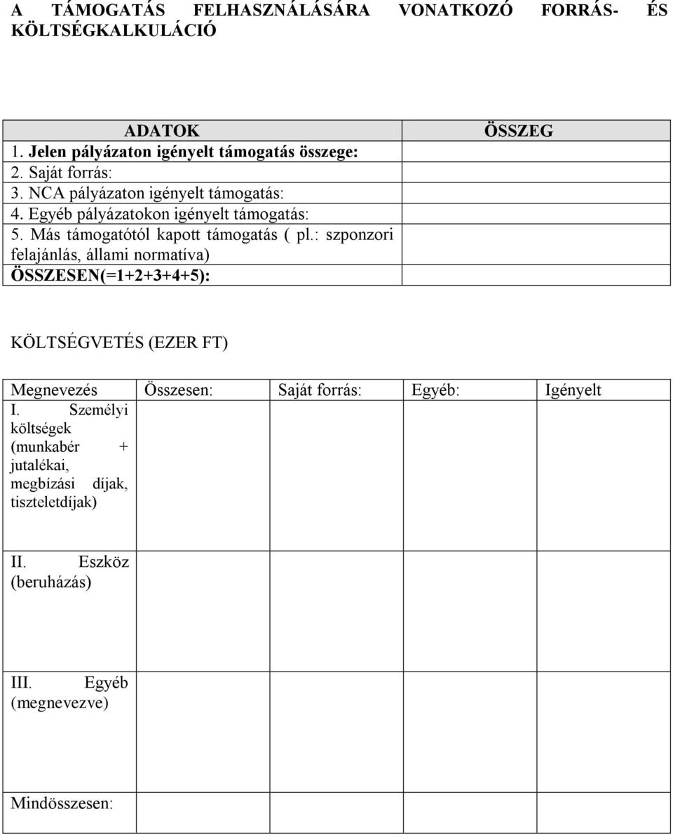 : szponzori felajánlás, állami normatíva) ÖSSZESEN(=1+2+3+4+5): ÖSSZEG KÖLTSÉGVETÉS (EZER FT) Megnevezés Összesen: Saját forrás: Egyéb: