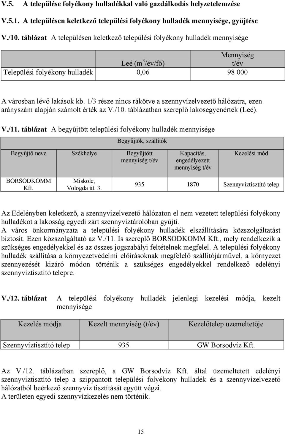 1/3 része nincs rákötve a szennyvízelvezető hálózatra, ezen arányszám alapján számolt érték az V./10. táblázatban szereplő lakosegyenérték (Leé). V./11.