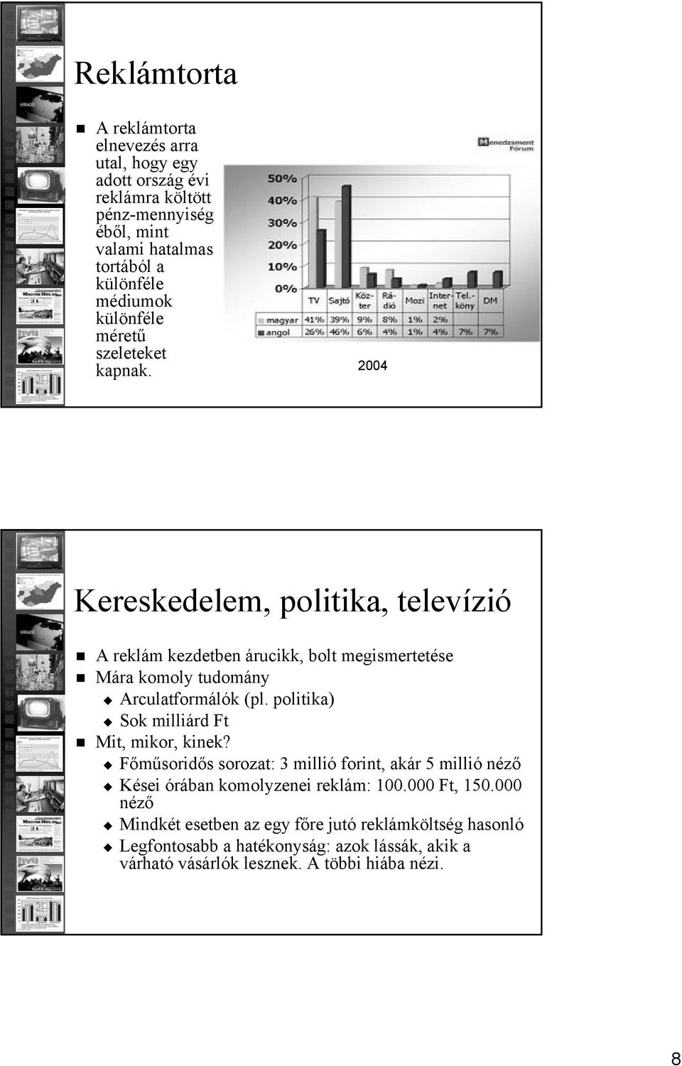 2004 Kereskedelem, politika, televízió A reklám kezdetben árucikk, bolt megismertetése Mára komoly tudomány Arculatformálók (pl.
