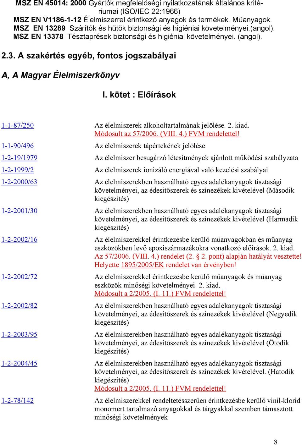 kötet : Előírások 1-1-87/250 Az élelmiszerek alkoholtartalmának jelölése. 2. kiad. Módosult az 57/2006. (VIII. 4.) FVM rendelettel!