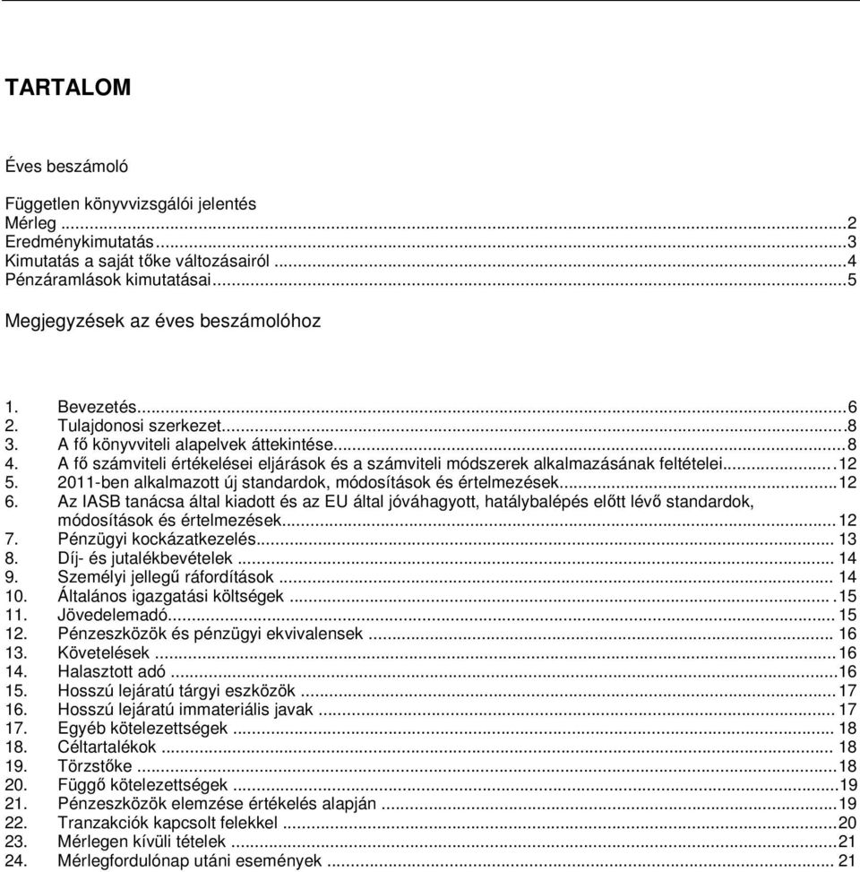2011-ben alkalmazott új standardok, módosítások és értelmezések...... 12 6. Az IASB tanácsa által kiadott és az EU által jóváhagyott, hatálybalépés előtt lévő standardok, módosítások és értelmezések.