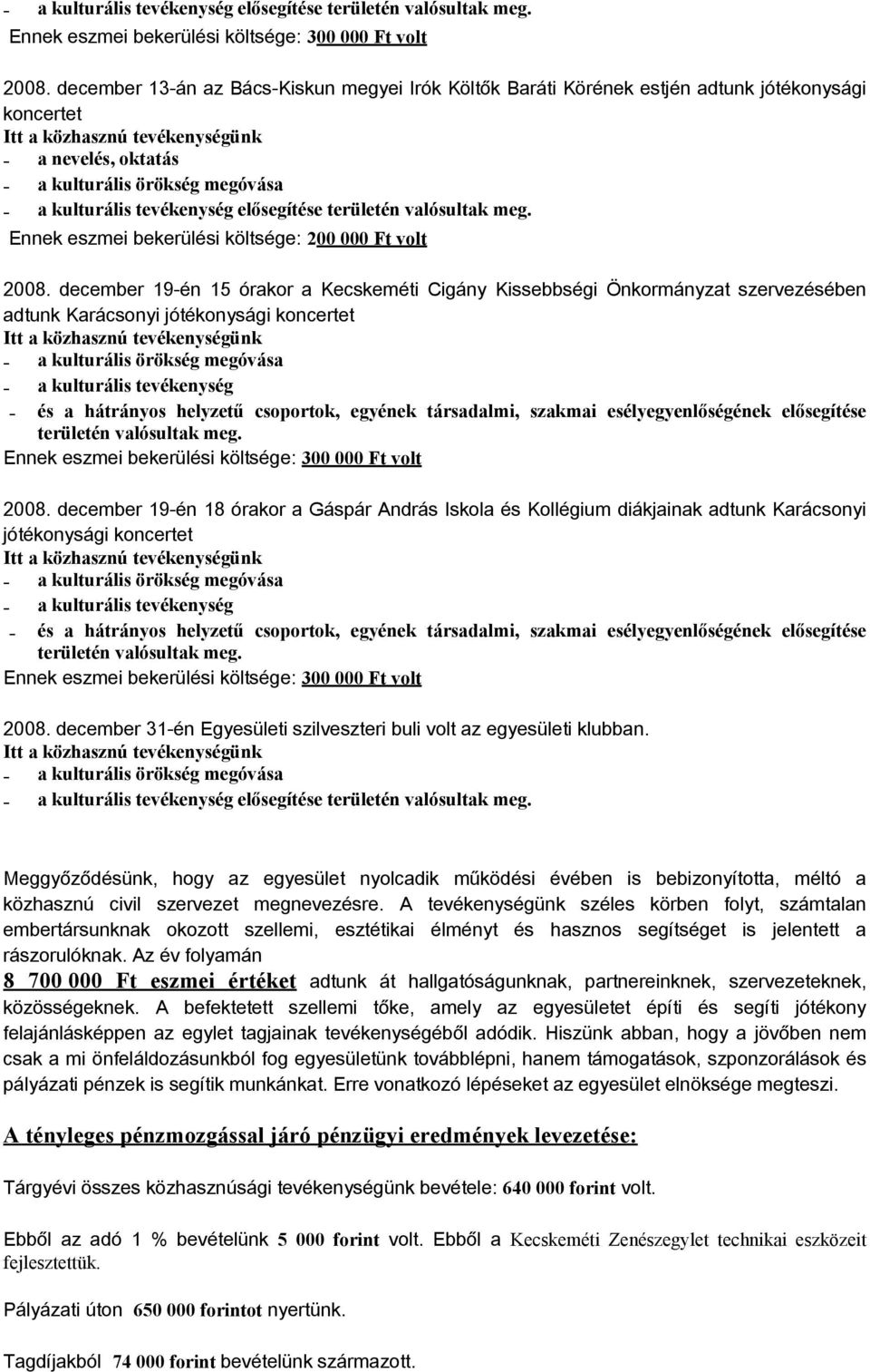 december 19-én 18 órakor a Gáspár András Iskola és Kollégium diákjainak adtunk Karácsonyi jótékonysági koncertet 2008. december 31-én Egyesületi szilveszteri buli volt az egyesületi klubban.