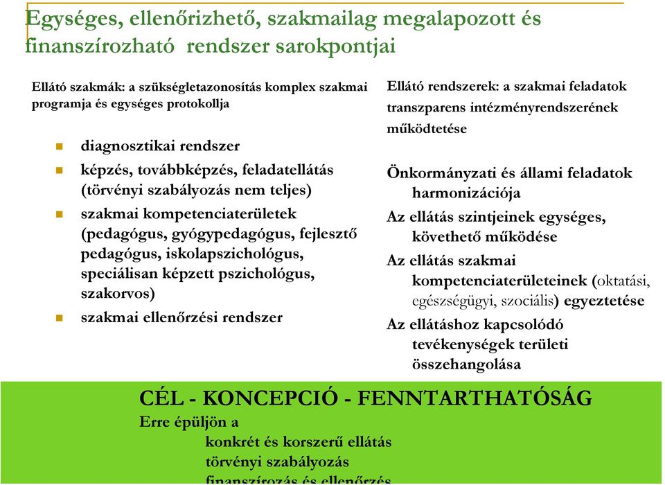 pszichológus, szakorvos) szakmai ellenőrzési rendszer Ellátó rendszerek: a szakmai feladatok transzparens intézményrendszerének működtetése Önkormányzati és állami feladatok harmonizációja Az ellátás