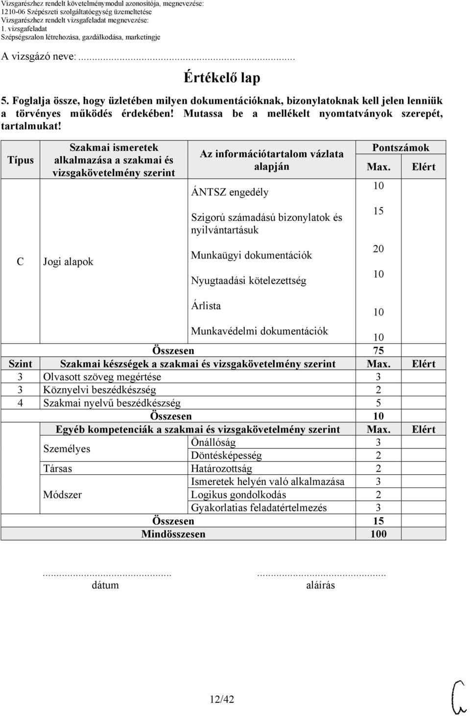 Típus Szakmai ismeretek alkalmazása a szakmai és vizsgakövetelmény szerint Az információtartalom vázlata alapján ÁNTSZ engedély Pontszámok Max.