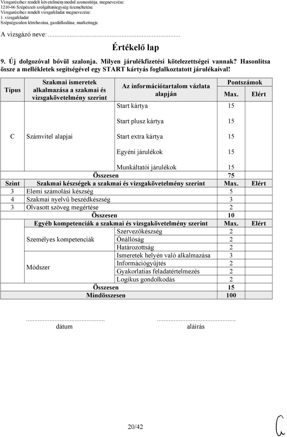 Típus Szakmai ismeretek alkalmazása a szakmai és vizsgakövetelmény szerint Az információtartalom vázlata alapján Start kártya Pontszámok Max.