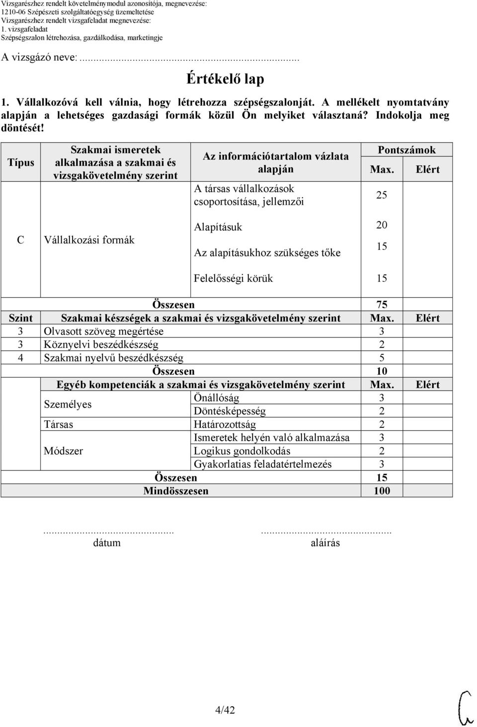 Típus Szakmai ismeretek alkalmazása a szakmai és vizsgakövetelmény szerint Az információtartalom vázlata alapján A társas vállalkozások csoportosítása, jellemzői Pontszámok Max.