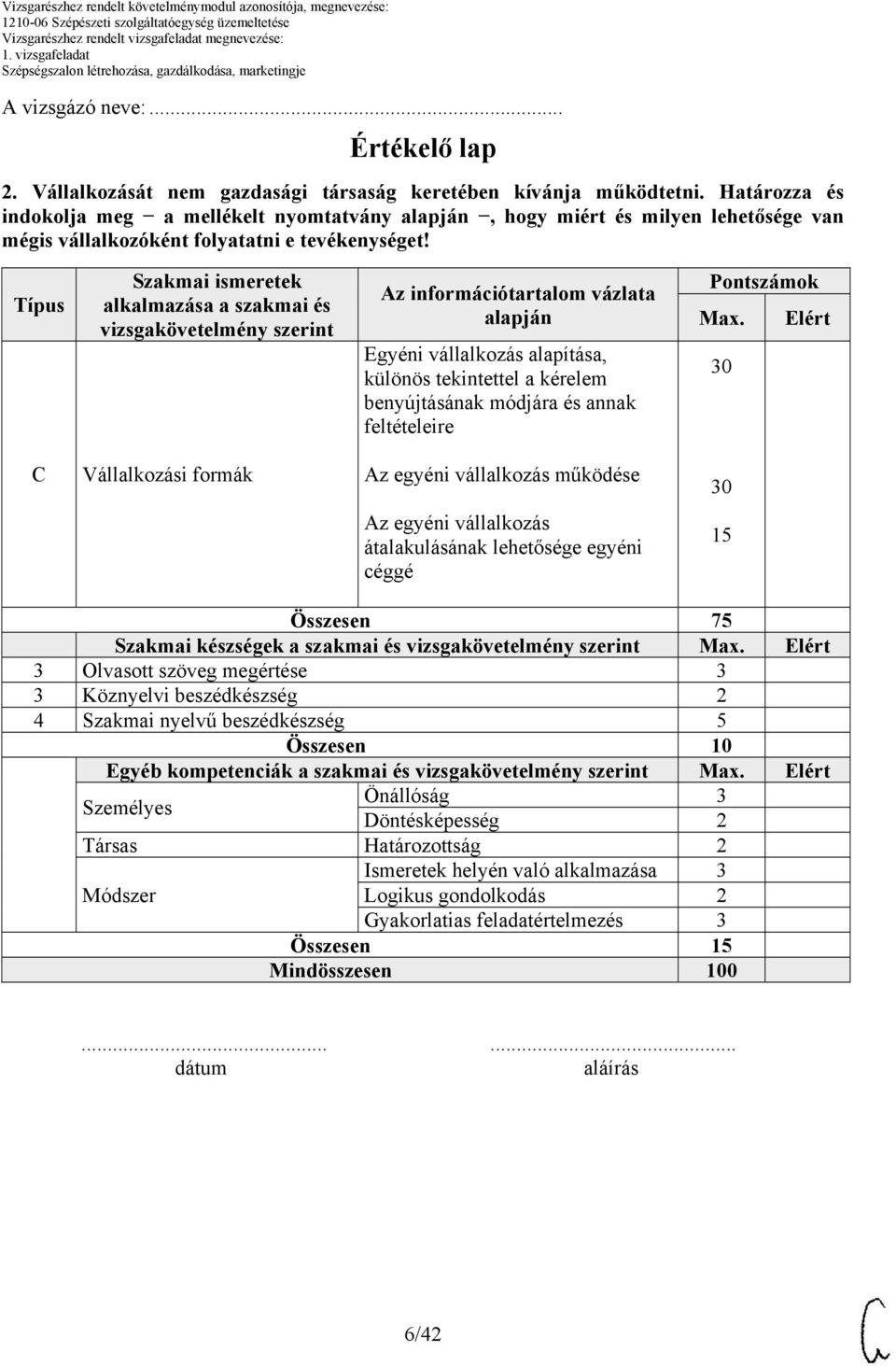 Típus Szakmai ismeretek alkalmazása a szakmai és vizsgakövetelmény szerint Az információtartalom vázlata alapján Egyéni vállalkozás alapítása, különös tekintettel a kérelem benyújtásának módjára és