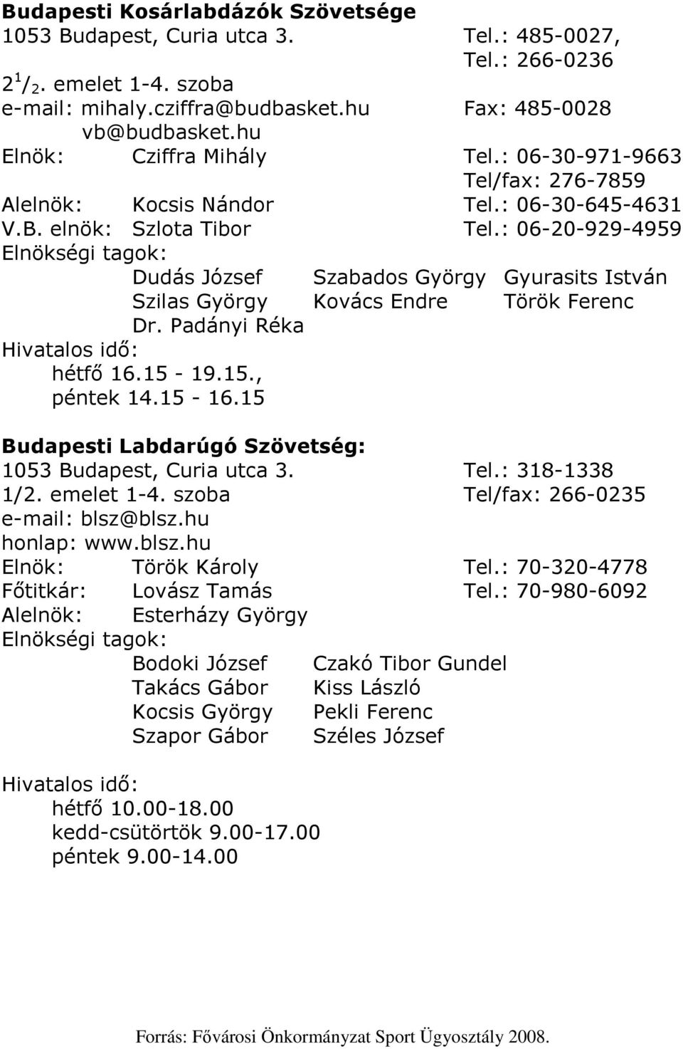 : 06-20-929-4959 Dudás József Szabados György Gyurasits István Szilas György Kovács Endre Török Ferenc Dr. Padányi Réka hétfı 16.15-19.15., péntek 14.15-16.