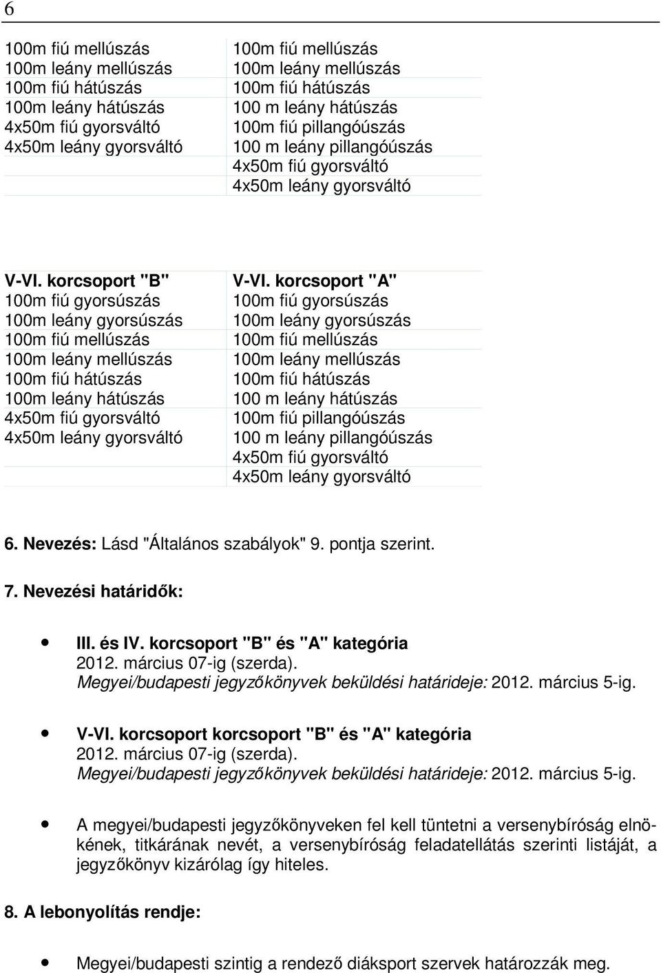 korcsoport "B" és "A" kategória 2012. március 07-ig (szerda). Megyei/budapesti jegyzıkönyvek beküldési határideje: 2012. március 5-ig. V-VI. korcsoport korcsoport "B" és "A" kategória 2012.