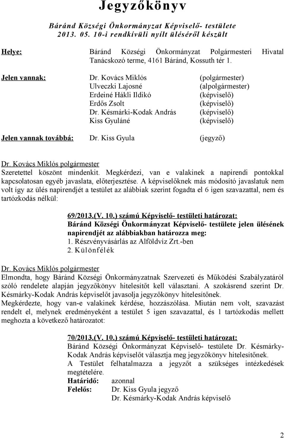 Kovács Miklós (polgármester) Ulveczki Lajosné (alpolgármester) Erdeiné Hákli Ildikó (képviselő) Erdős Zsolt (képviselő) Dr.