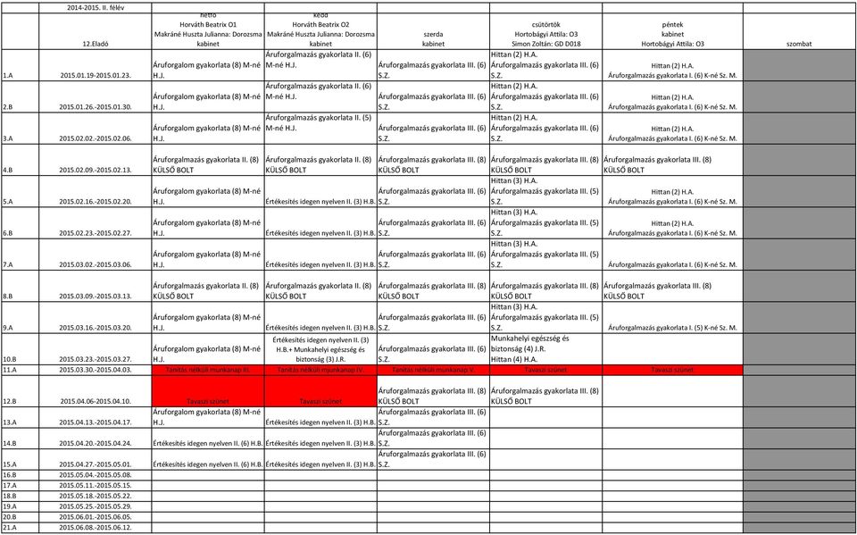 (8) KÜLSŐ BOLT Áruforgalom gyakorlata (8) M-né Áruforgalom gyakorlata (8) M-né Áruforgalom gyakorlata (8) M-né kedd Horváth Beatrix Makráné Huszta Julianna: Dorozsma kabinet szerda kabinet II.