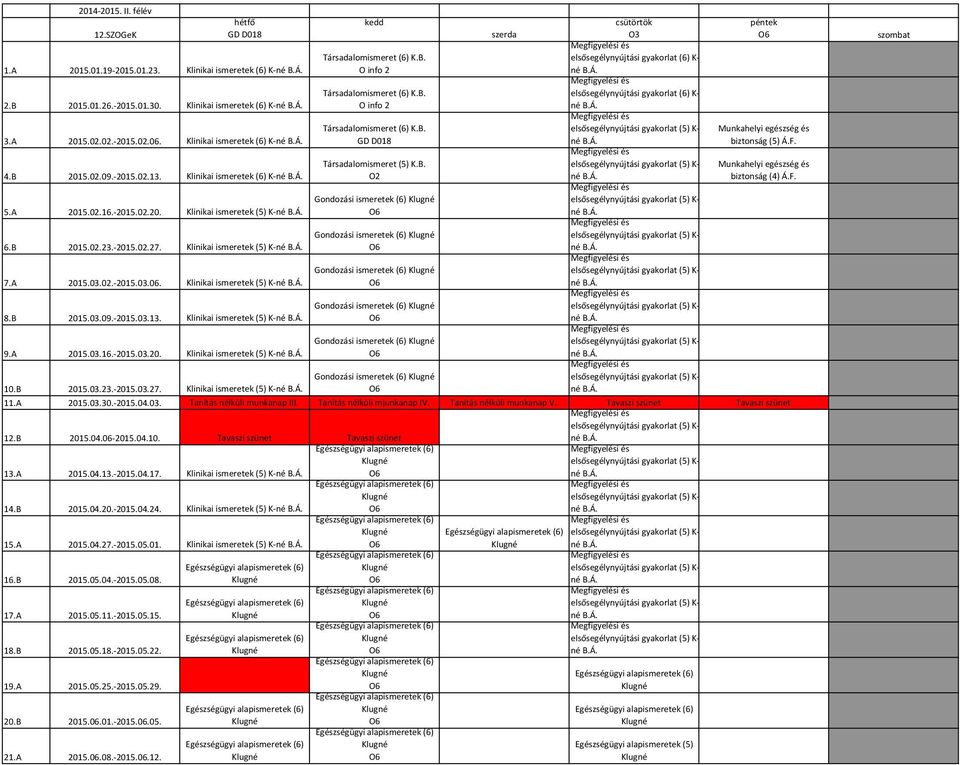 A 2015.02.02.-2015.02.06. Klinikai ismeretek (6) K-né B.Á. GD D018 né B.Á. biztonság (5) Á.F. Megfigyelési és Társadalomismeret (5) K.B. elsősegélynyújtási gyakorlat (5) K- Munkahelyi egészség és 4.