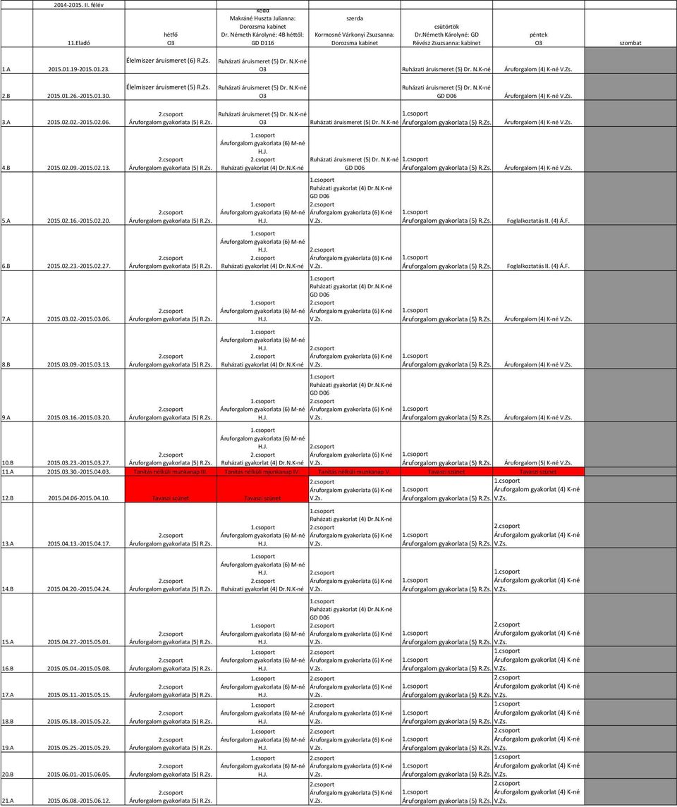 Zs. 2.B 2015.01.26.-2015.01.30. Élelmiszer áruismeret (5) R.Zs. Ruházati áruismeret (5) Dr. N.K-né O3 Ruházati áruismeret (5) Dr. N.K-né Áruforgalom (4) K-né V.Zs. 3.A 2015.02.02.-2015.02.06. 4.