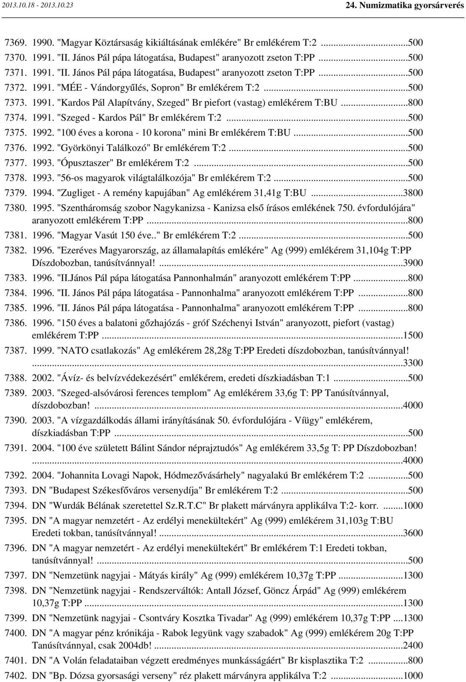 ..500 7375. 1992. "100 éves a korona - 10 korona" mini Br emlékérem T:BU...500 7376. 1992. "Györkönyi Találkozó" Br emlékérem T:2...500 7377. 1993. "Ópusztaszer" Br emlékérem T:2...500 7378. 1993. "56-os magyarok világtalálkozója" Br emlékérem T:2.