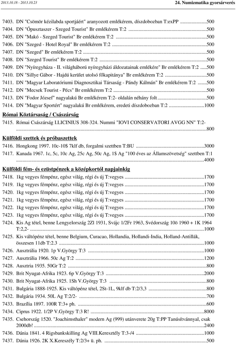 világháború nyíregyházi áldozatainak emlékére" Br emlékérem T:2...500 7410. DN "Sillye Gábor - Hajdú kerület utolsó főkapitánya" Br emlékérem T:2...500 7411.