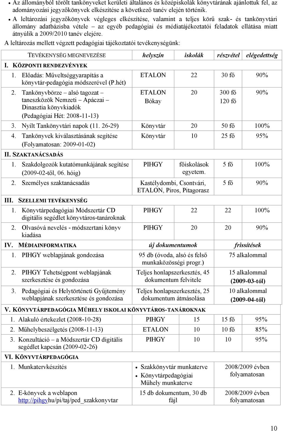 2009/2010 tanév elejére. A leltározás mellett végzett pedagógiai tájékoztatói tevékenységünk: TEVÉKENYSÉG MEGNEVEZÉSE helyszín iskolák részvétel elégedettség I. KÖZPONTI RENDEZVÉNYEK 1.