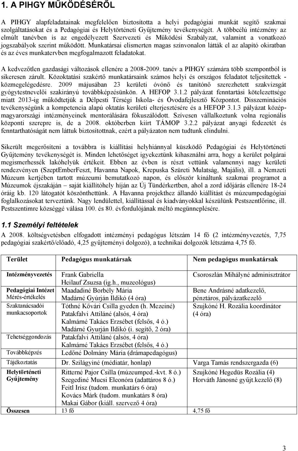 Munkatársai elismerten magas színvonalon látták el az alapító okiratban és az éves munkatervben megfogalmazott feladatokat. A kedvezőtlen gazdasági változások ellenére a 2008-2009.