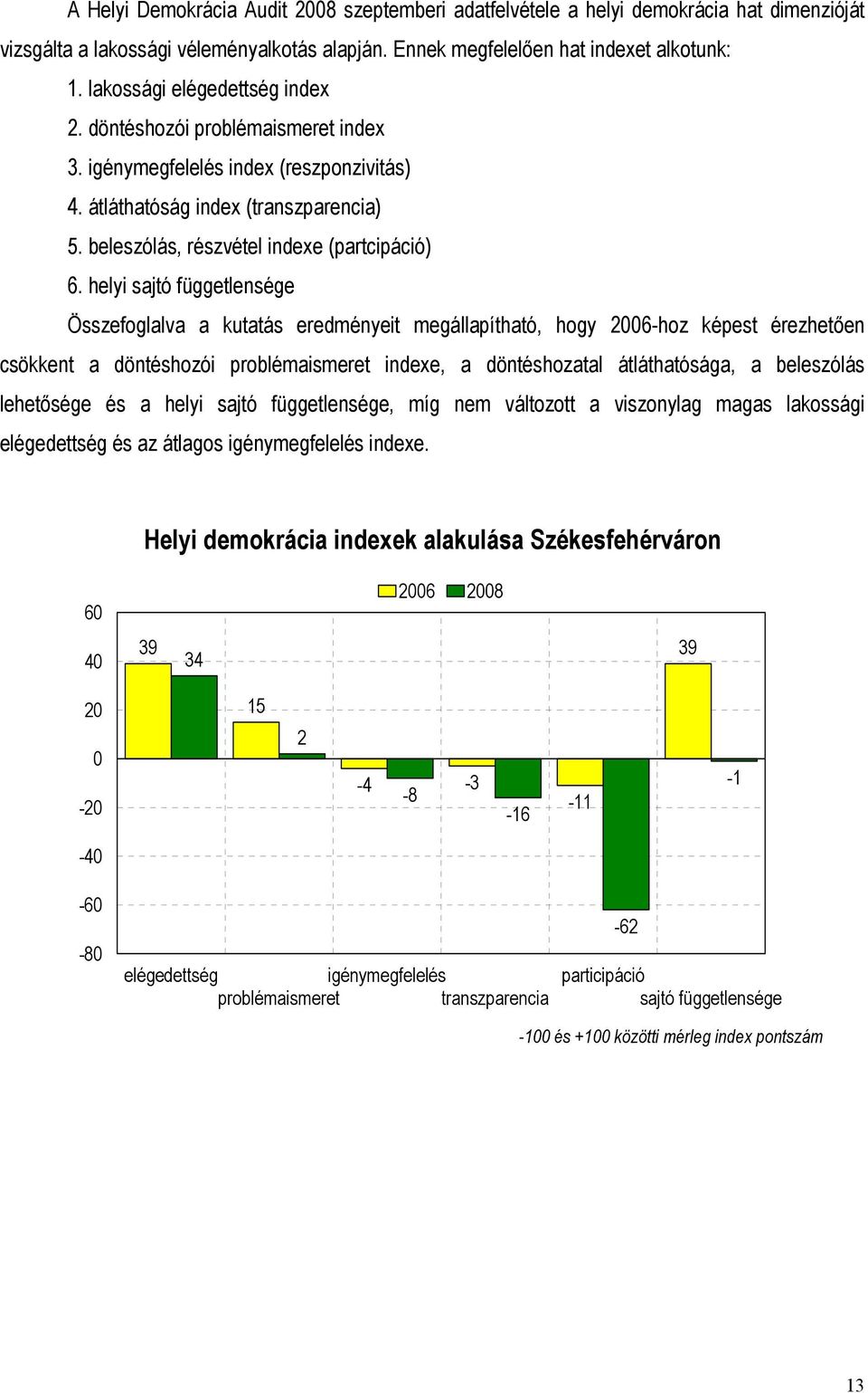 helyi sajtó függetlensége Összefoglalva a kutatás eredményeit megállapítható, hogy 2006-hoz képest érezhetően csökkent a döntéshozói problémaismeret indexe, a döntéshozatal átláthatósága, a