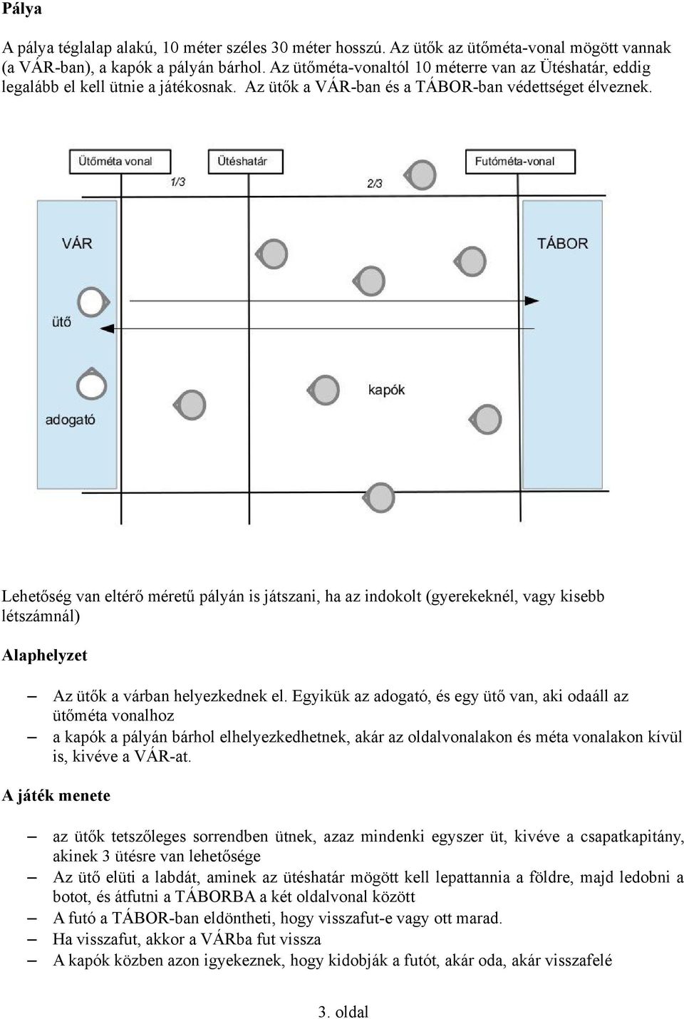 Lehetőség van eltérő méretű pályán is játszani, ha az indokolt (gyerekeknél, vagy kisebb létszámnál) Alaphelyzet Az ütők a várban helyezkednek el.