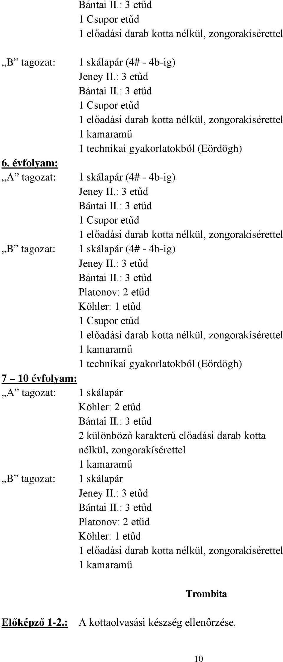 : 3 etűd 1 Csupor etűd 1 előadási darab kotta nélkül, zongorakísérettel 1 skálapár (4# - 4b-ig) Jeney II.: 3 etűd Bántai II.